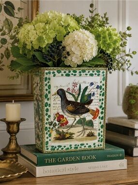 RARE JOHN  DERIAN  Large Porcelain Vase Bird Botanical Floral Script 13”